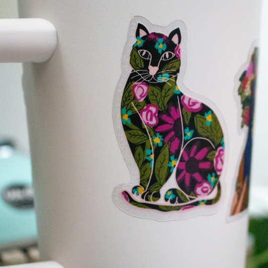 Black Cat Floral Clear Vinyl Sticker 2"x 3"