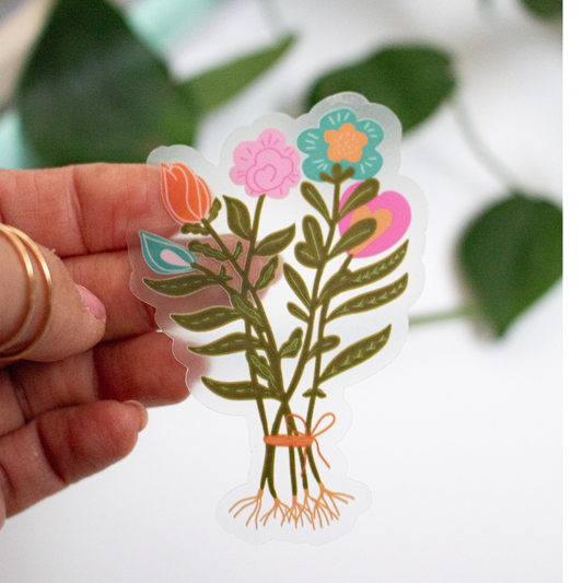 Flower Bouquet Clear Vinyl Water Bottle Sticker 2"x 3"