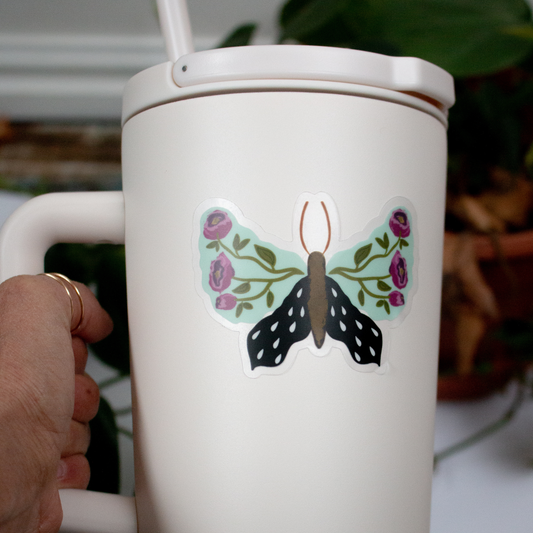 Cottage Core Floral Butterfly Clear Vinyl Sticker 3"x 2.1"