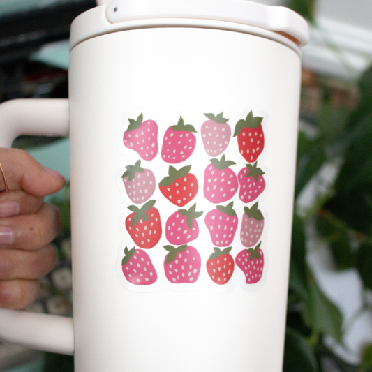 Cottage Core Strawberry Clear Vinyl Water Bottle Sticker 2.7"x 3"