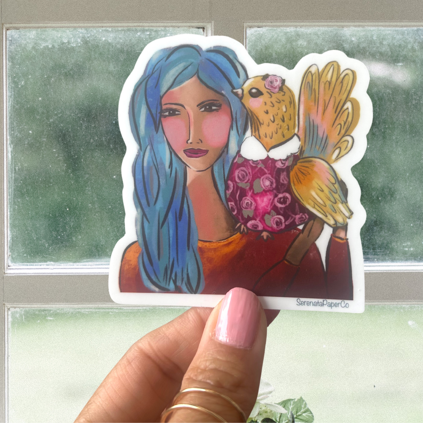 A girl and her Chicken Waterproof Water Bottle Sticker. 2.9" x 3"
