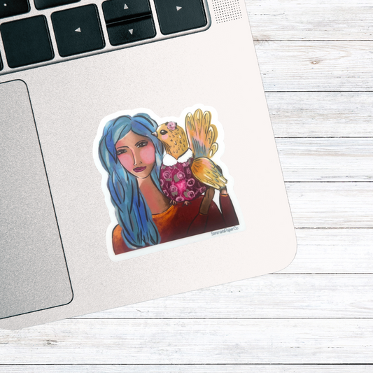 A girl and her Chicken Waterproof Water Bottle Sticker. 2.9" x 3"