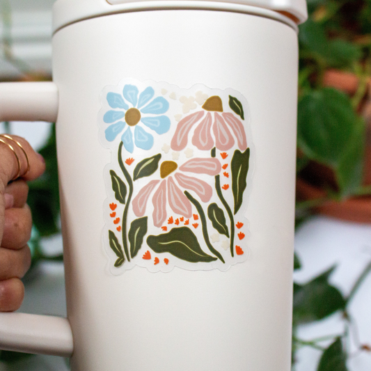 Cottage Core Wild Flower Bunch Clear Vinyl Sticker 2.6"x 3"