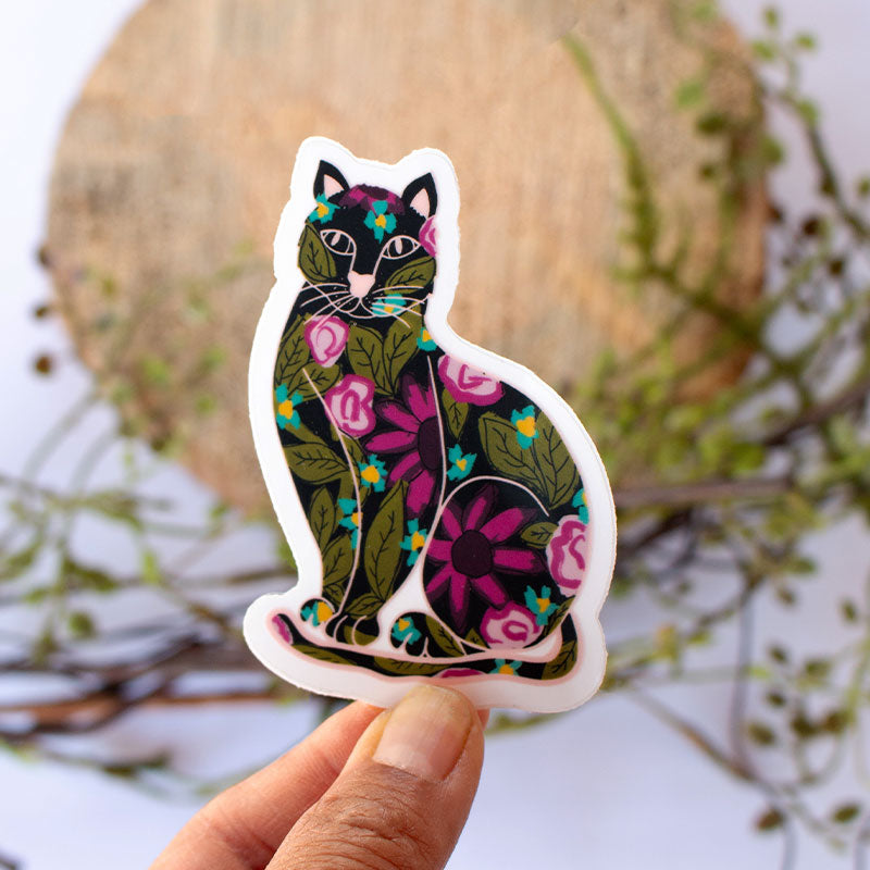 Black Cat Floral Clear Vinyl Sticker 2"x 3"