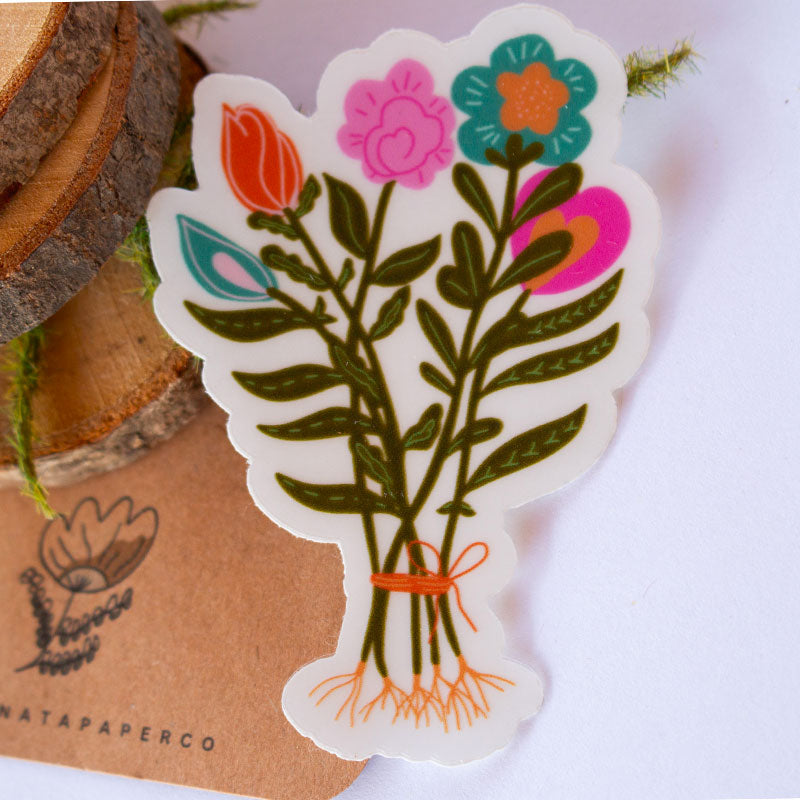 Flower Bouquet  Clear Vinyl Water Bottle Sticker 2"x 3"