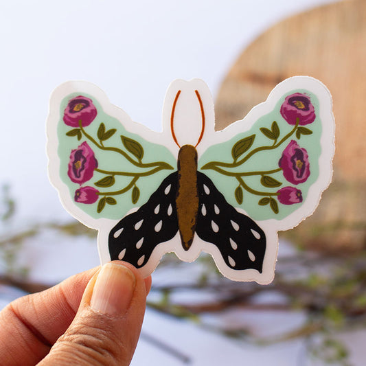 Cottage Core Floral Butterfly Clear Vinyl Sticker 3"x 2.1"