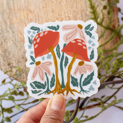 Boho Mushroom and Wild Flower Clear Vinyl Sticker