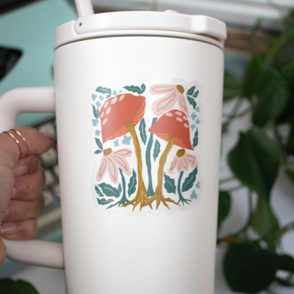 Boho Mushroom and Wild Flower Clear Vinyl Sticker