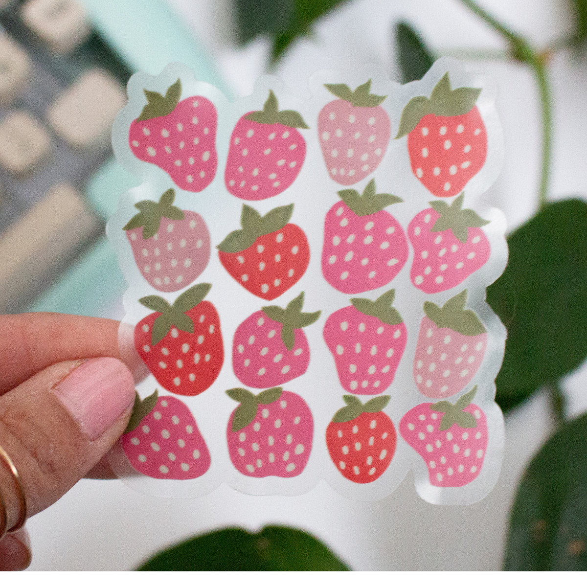 Cottage Core Strawberry Clear Vinyl Water Bottle Sticker 2.7
